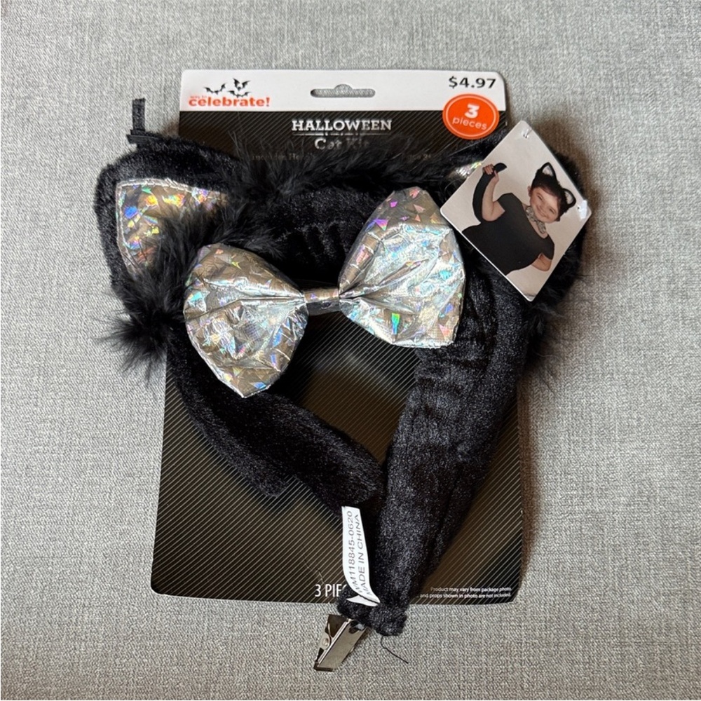 Black Cat Ears Headband, Tail, and Silver Bow Halloween Costume